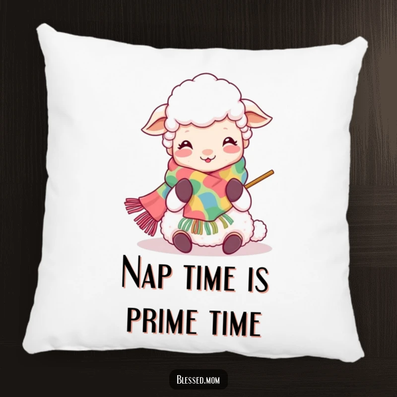 Funny Kawaii Sheep Mom Pillow: Cozy and cute sheep mom knitting with joy, perfect for adding comfort and humor to home decor.