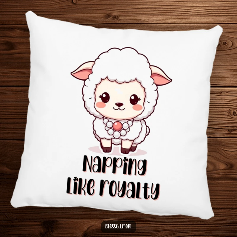 Funny pillow featuring a fluffy sheep wearing a beautiful pearl necklace with an air of proud sophistication.