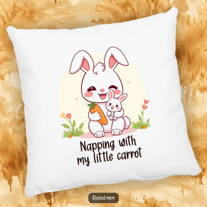 Soft bunny mom pillow featuring a mother and baby bunny with a carrot, offering comfort and adorable charm.
