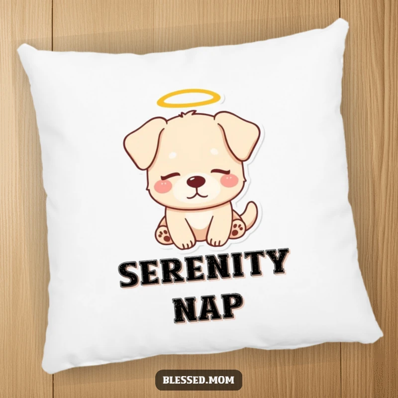 Funny Dog Halo Pillow: Kawaii dog with a halo looks serenely peaceful, offering comfort and calm. A soft and funny decorative item.