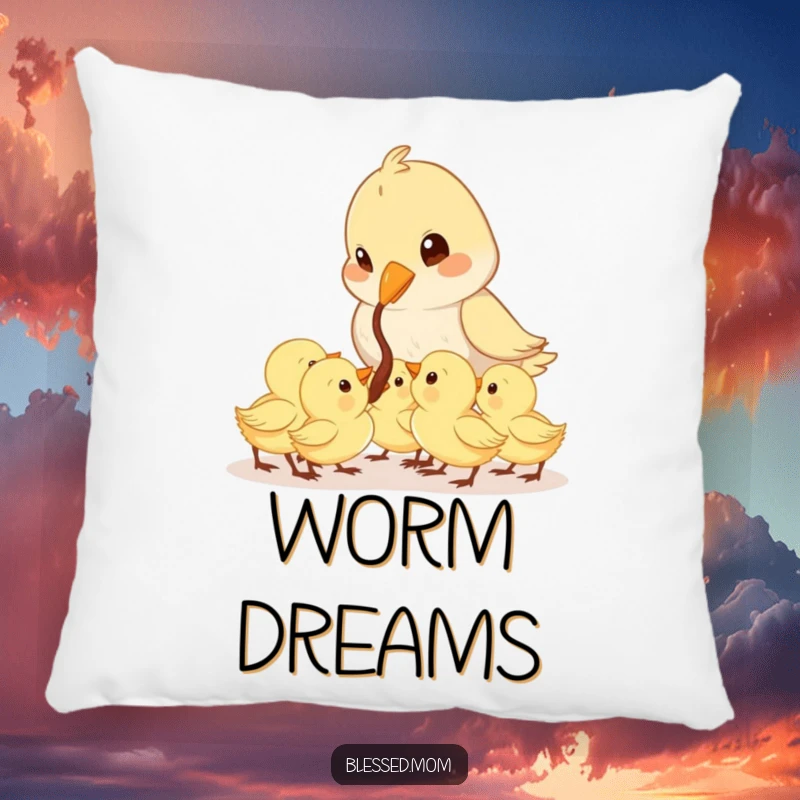 Funny Mama Bird pillow features a cute bird feeding a worm to its eager chicks, symbolizing warmth and maternal care.