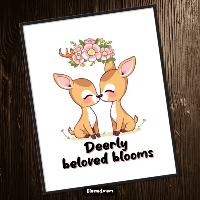 Kawaii deer mom tenderly gazing at a flower crown, presented as a digital art print for serene and beautiful home decoration.