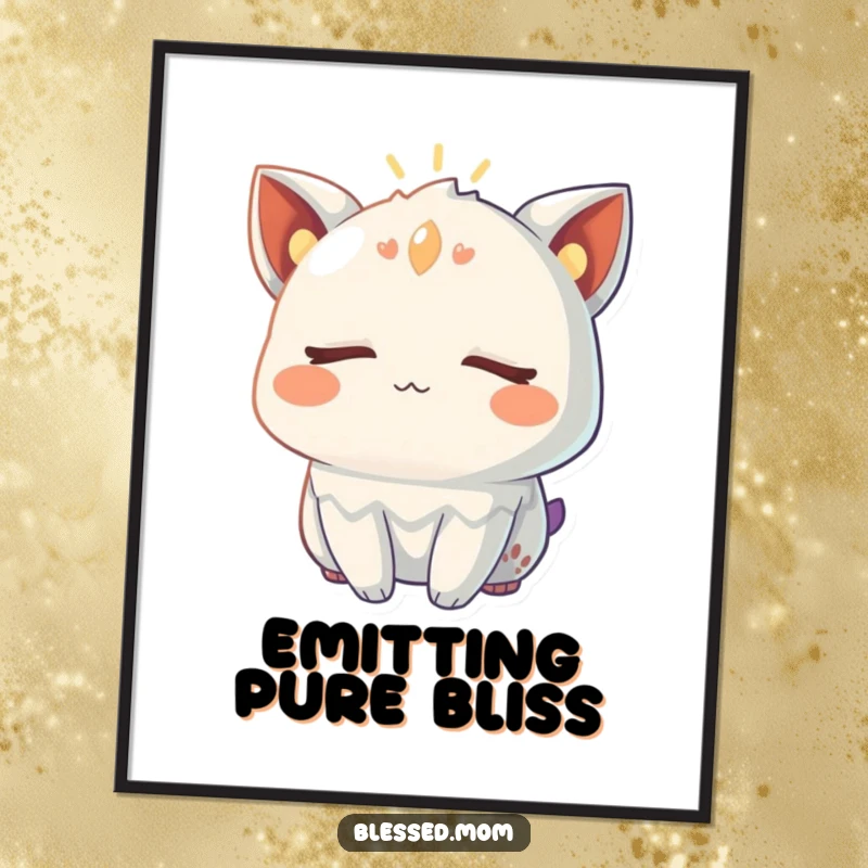 Funny Digital Art Print of a creature with closed eyes, radiating a warm, gentle glow, bringing peaceful radiance and calm.