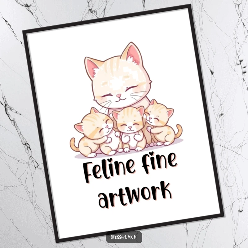 Funny kawaii mother cat grooming her playful kittens, a digital art print capturing a sweet and humorous family moment.