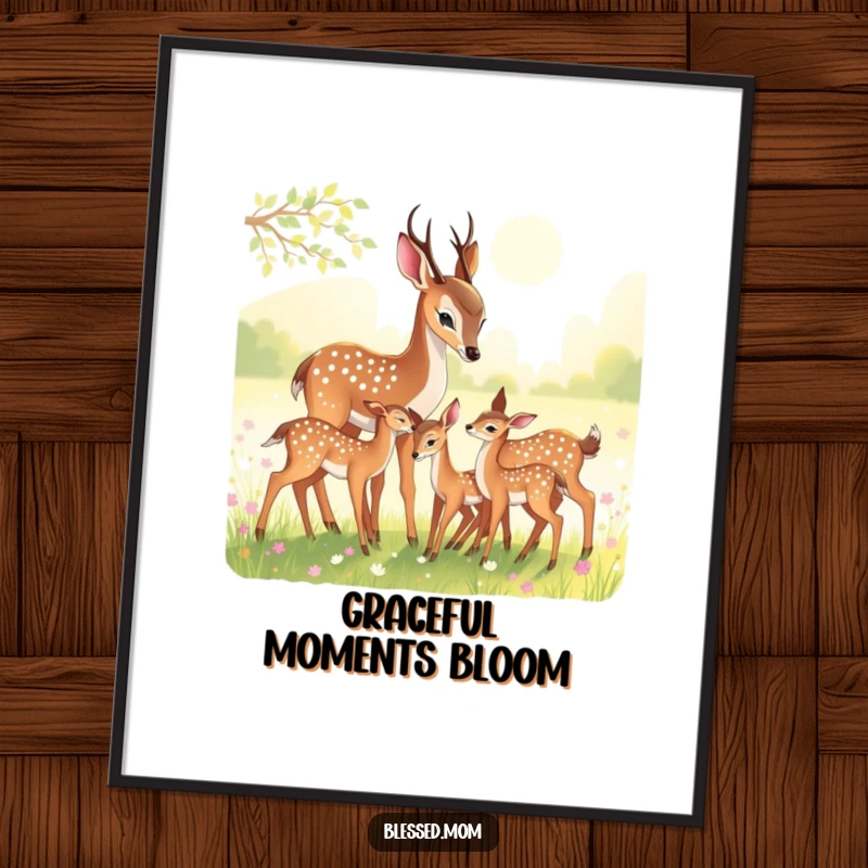 Funny Digital Art Print: Depicts a graceful deer mom nuzzling her fawns in a sun-dappled meadow.