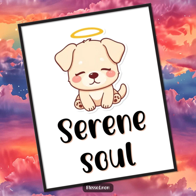 Funny Dog Halo Digital Art Print: Kawaii dog with a halo looks serenely peaceful, radiating calm. Perfect for instant, funny decor.