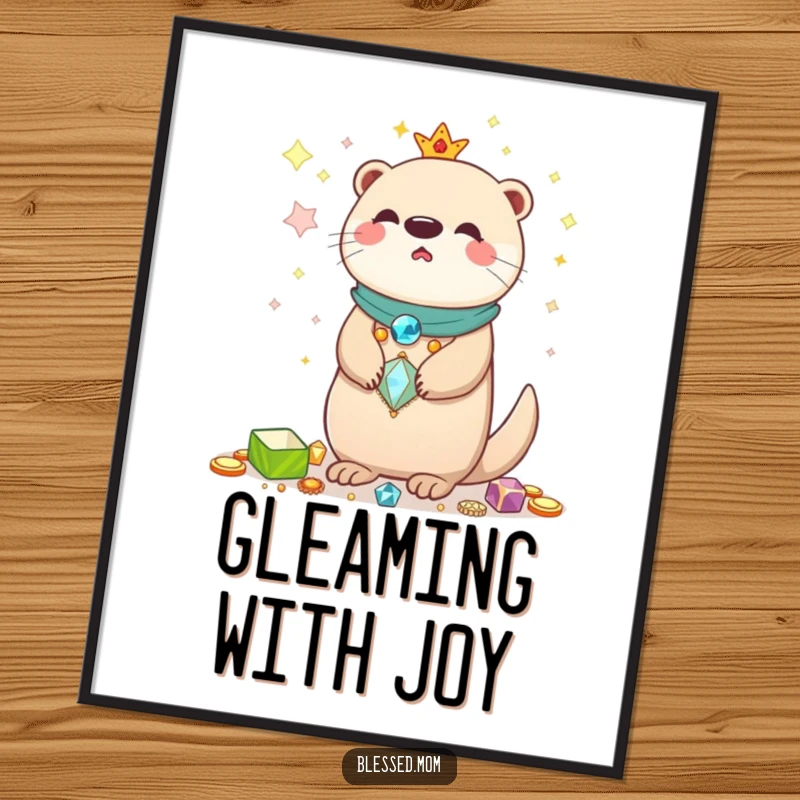 Funny Kawaii Otter Mom Art Print: Charming illustration of an otter mom balancing shiny treasures, ideal for instant playful wall decor.