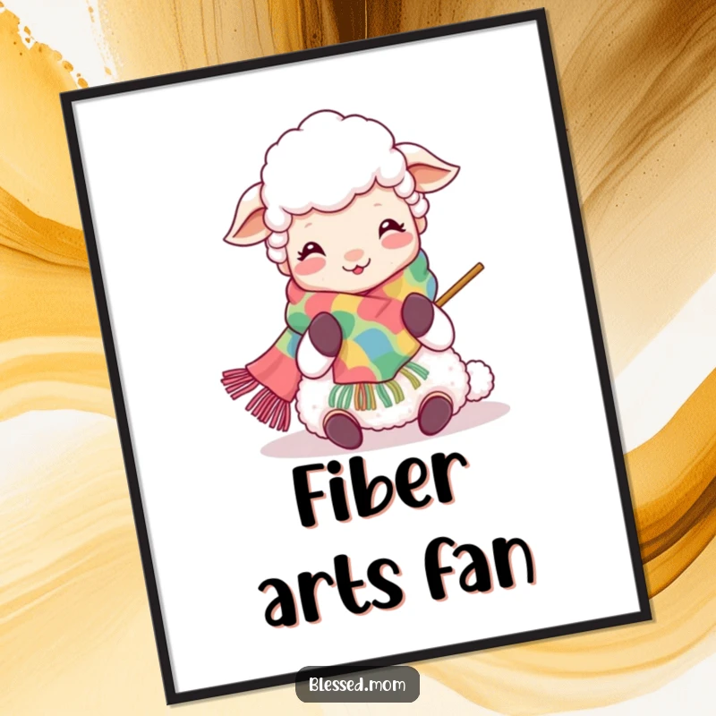 Funny Kawaii Sheep Mom Knitting Art Print: Vibrant illustration of a joyful sheep mom, perfect for instant, cheerful wall decor.