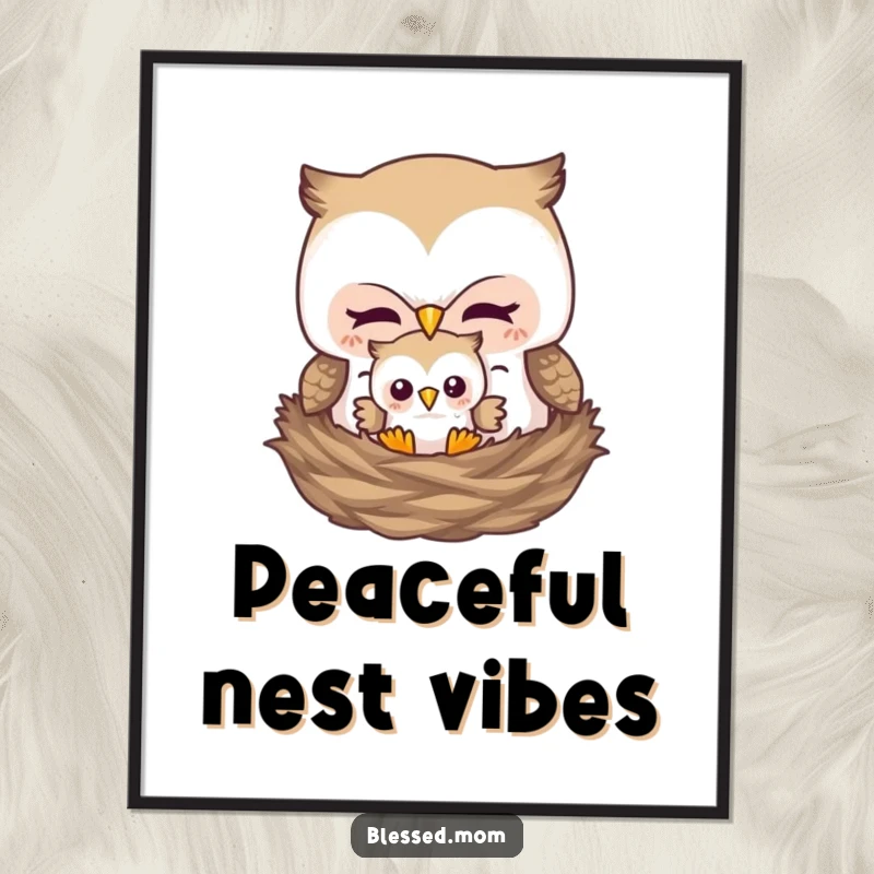 Funny digital art print of a mother owl tucking her baby owl into a nest, ideal for instant nursery or home decor.