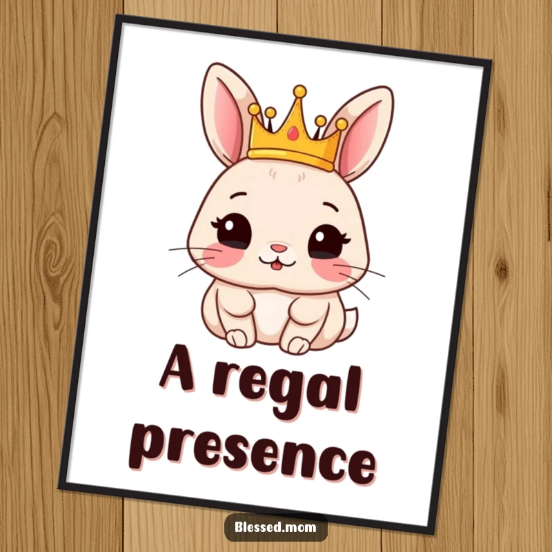 Funny rabbit digital art print of a content rabbit wearing a small crown, perfect for instant regal decor.