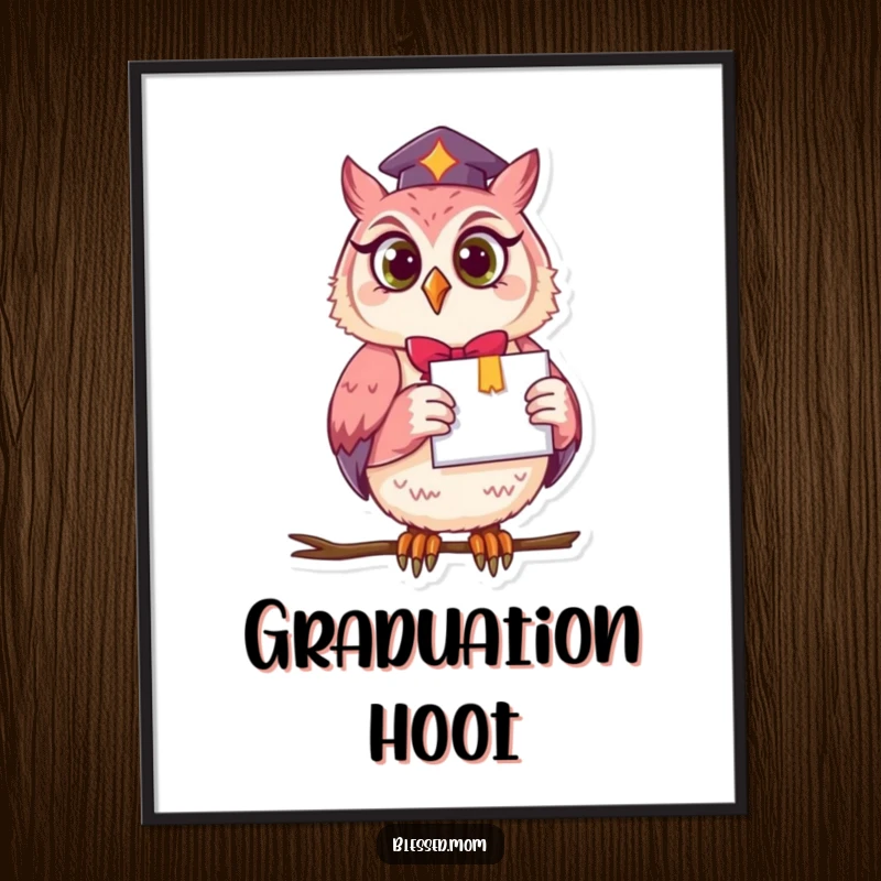 Funny owl mom holding a diploma, available as a digital art print, symbolizing wisdom, achievement, and humorous graduation pride.