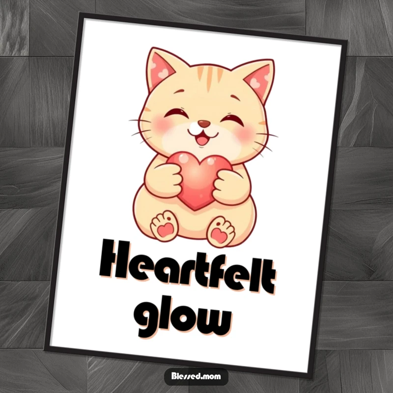 Funny Cat Digital Art Print: Smiling cat cradles a small, glowing heart, radiating love. Perfect for instant, funny decor.