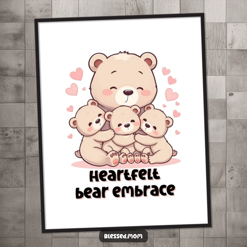 Heartwarming bear mom digital art print of a hug with cubs and glowing hearts, symbolizing deep maternal love.