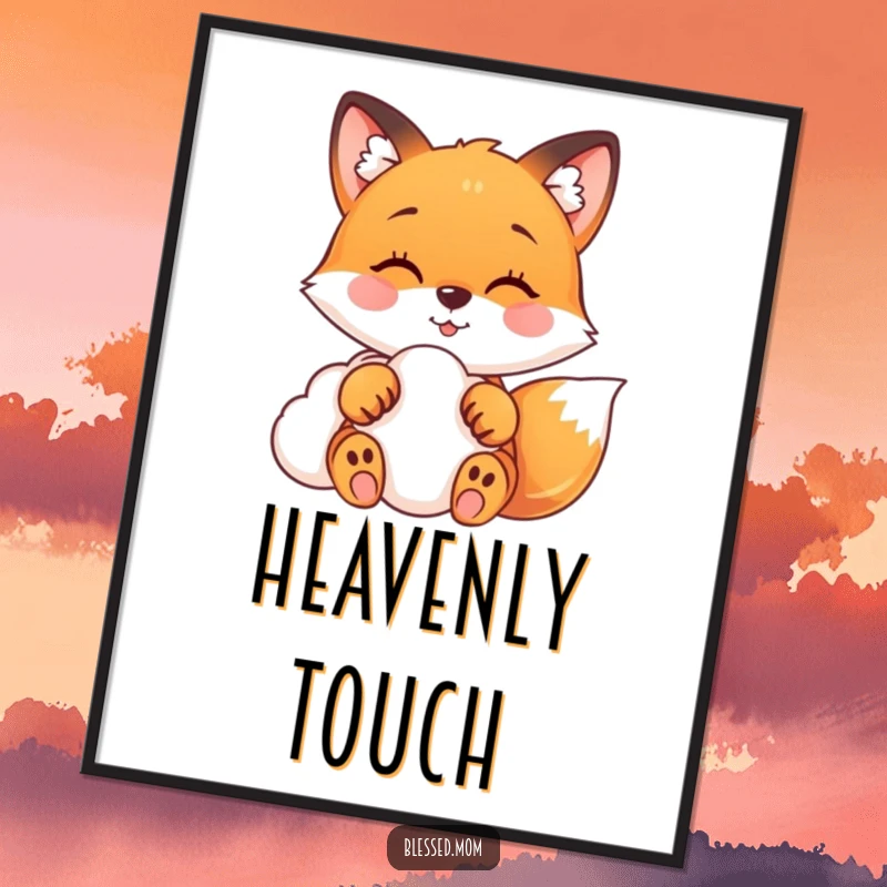 Funny fox digital art print of a happy fox gently touching a soft cloud, perfect for instant serene decor.