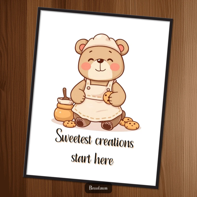 Funny bear mom digital art print, wearing cozy apron, happily baking cookies, warm kitchen portrait for instant download.
