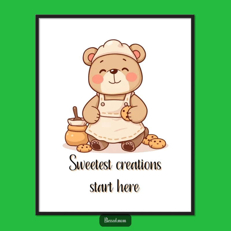 Printable Cozy Funny Bear Mom Baking Art: Warm Kitchen Portrait