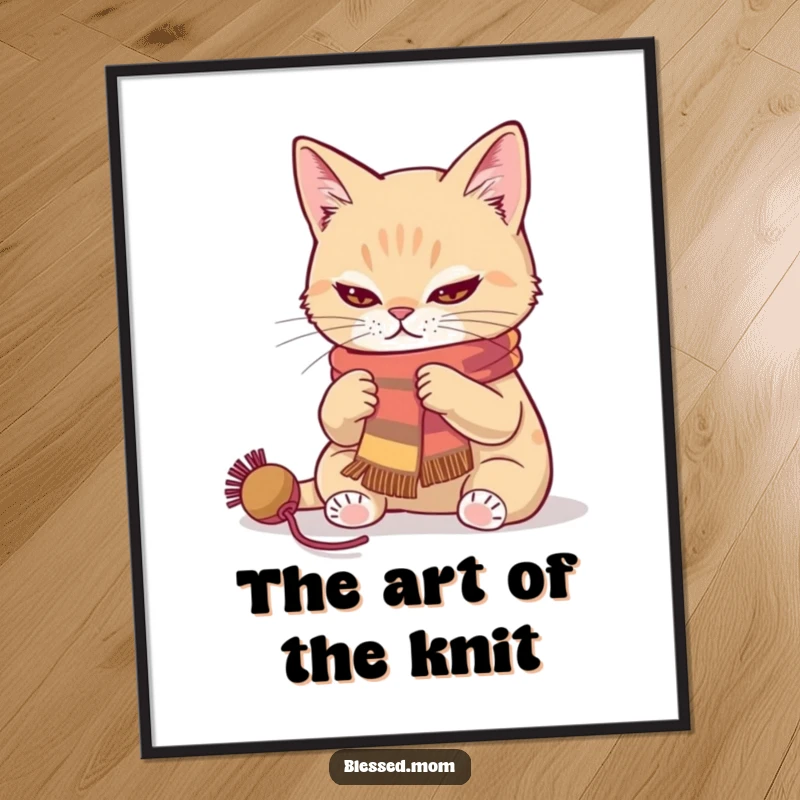 Funny cat knitting a scarf digital art print with a determined look, a humorous piece for crafters.