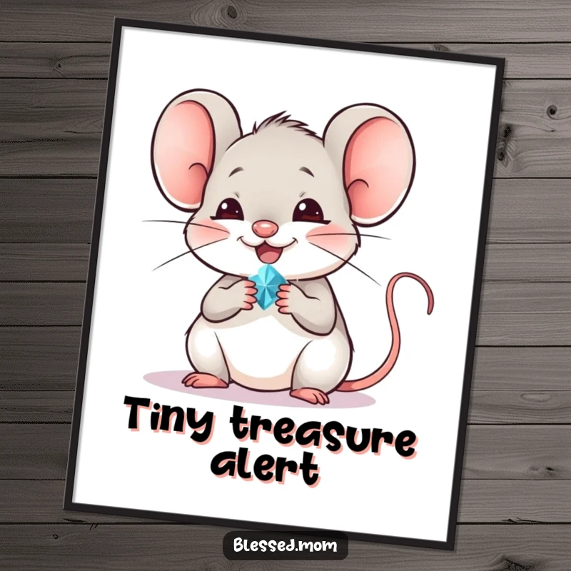 Funny mouse digital art print of a cheerful mouse offering a tiny, sparkling jewel, perfect for instant joy decoration.