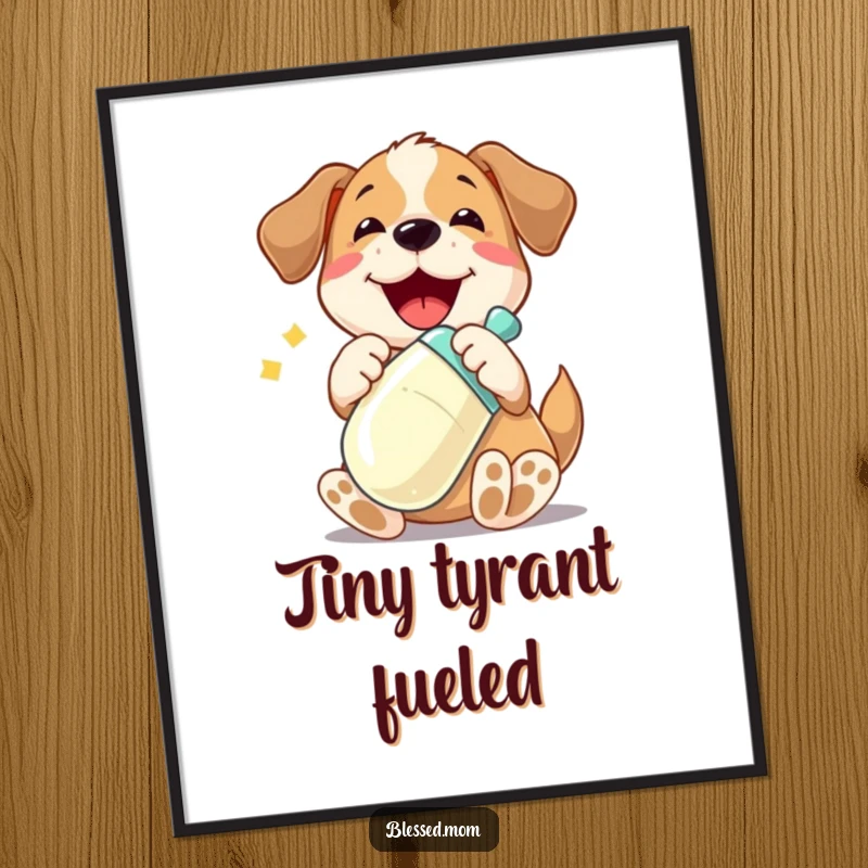 Funny digital art print of a playful dog character joyfully cradling a shiny baby bottle, whimsical and heartwarming printable decor.