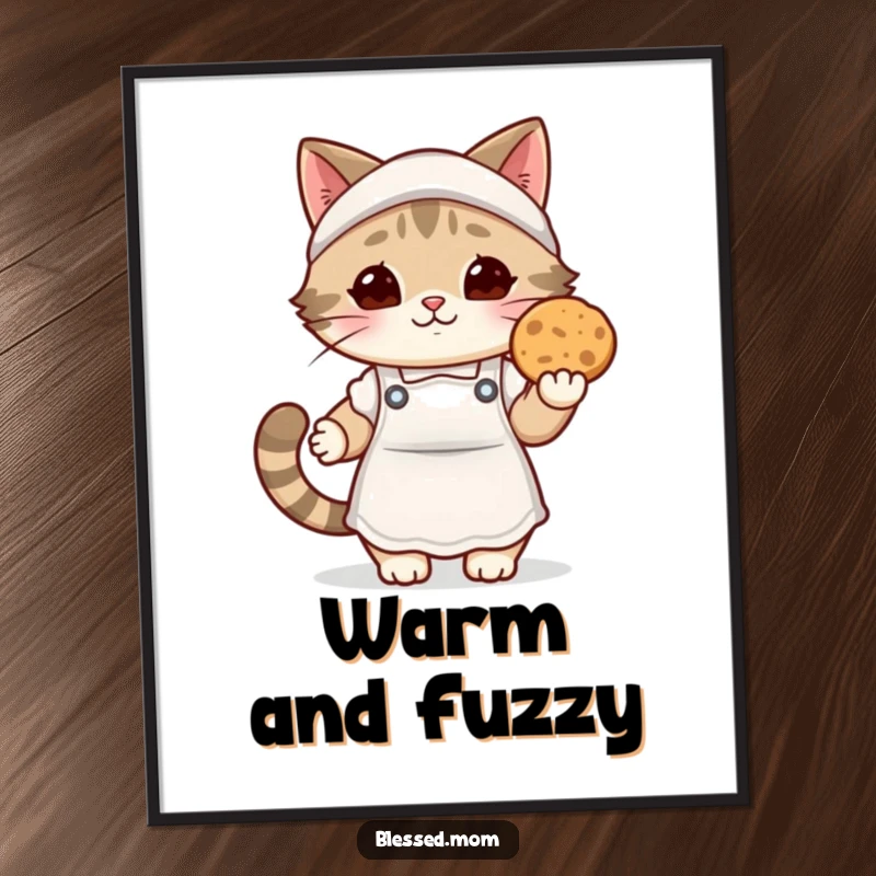 Funny kawaii cat mom digital art print, depicting a cute cat mom in a cozy apron offering a warm cookie, perfect for kitchens.