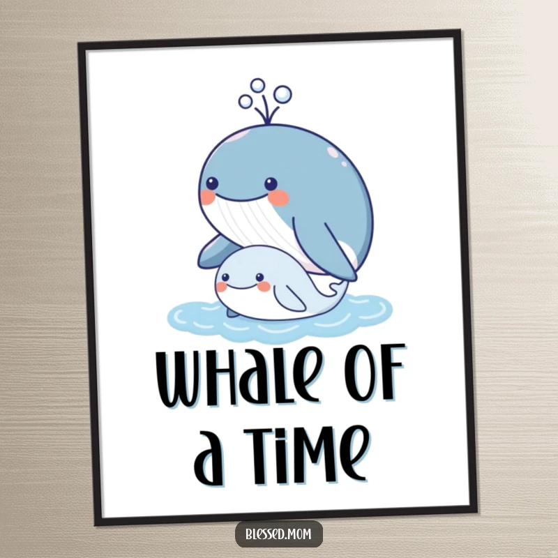 Funny kawaii mother whale spouting water over her calf, digital ocean art, instant cute decor, perfect funny gift.