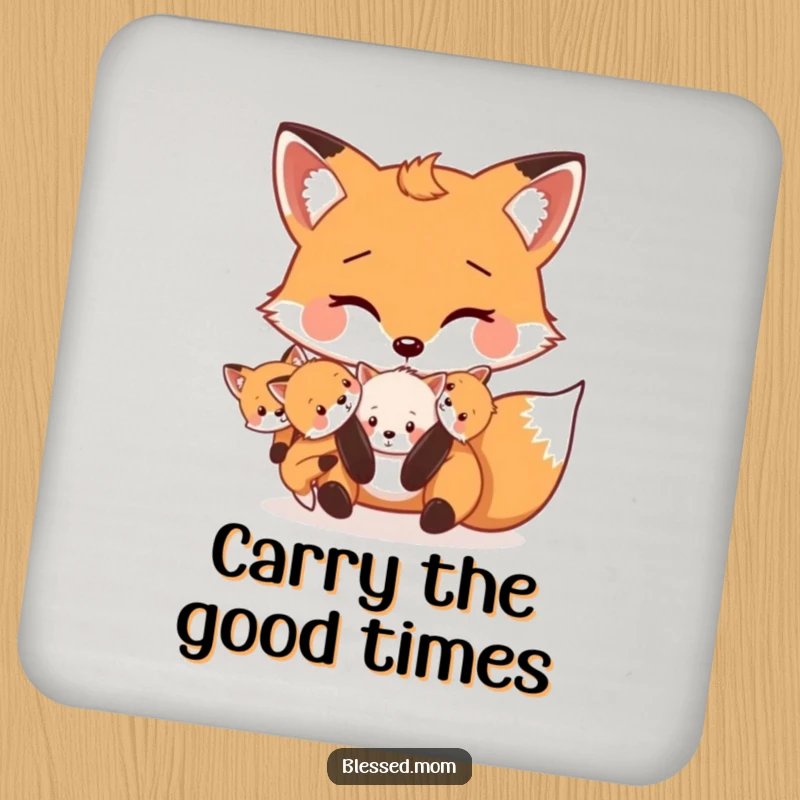Funny Mama Fox coaster shows a cute fox carrying its kits playfully in its mouth, safeguarding surfaces with humor.