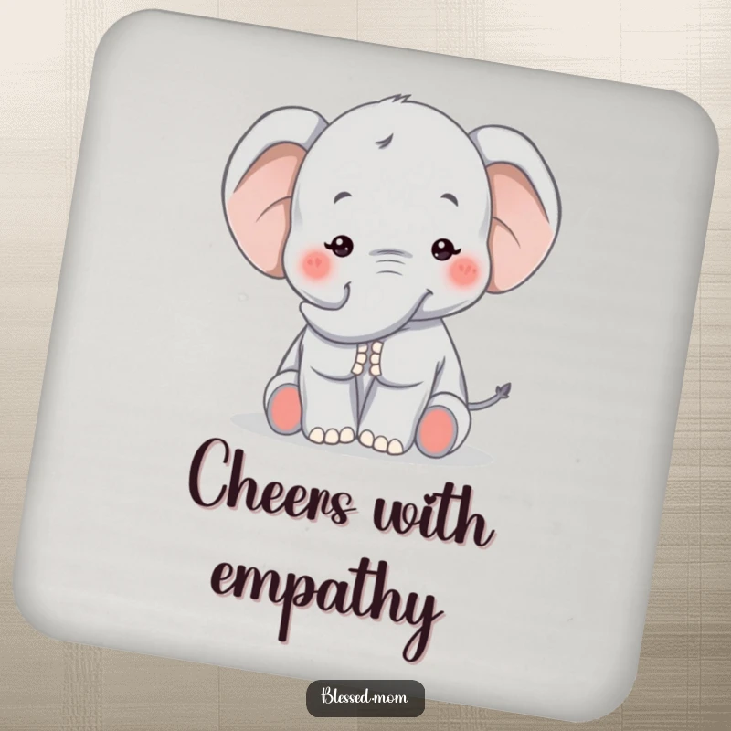 Funny Kawaii Elephant Mom Coaster: Loving elephant mom offering a comforting trunk pat, adding a touch of gentle humor to tabletops.