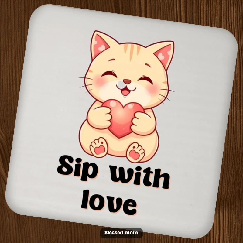 Funny Cat Coaster: Smiling cat cradles a small, glowing heart, protecting surfaces. A practical and funny decorative item.