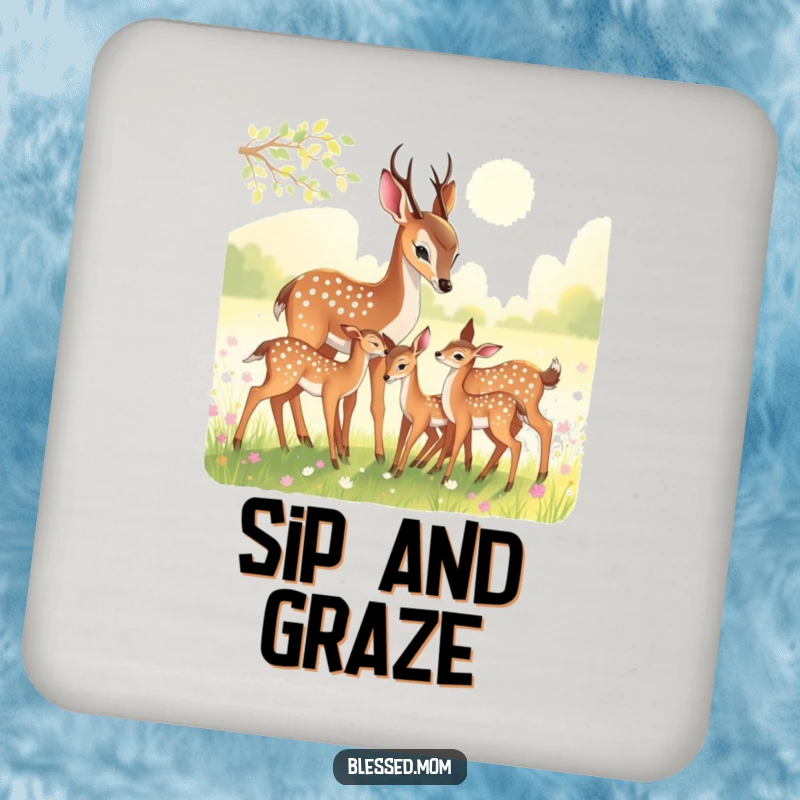 Funny Coasters: Deer mom and fawns in a meadow, protecting surfaces with natural grace.