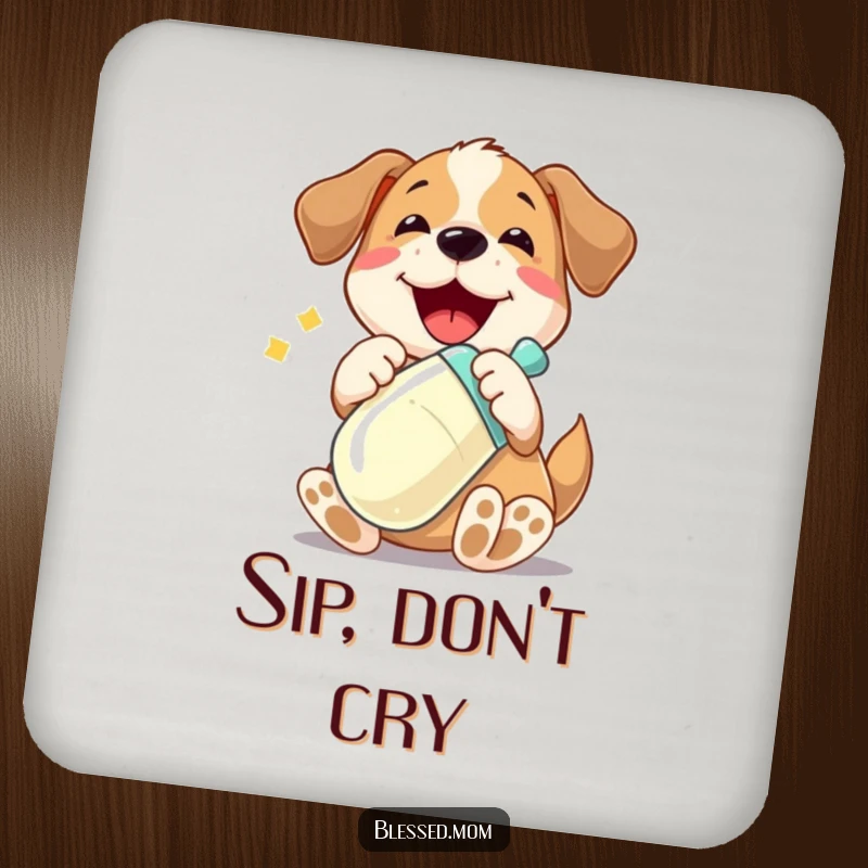 Funny coaster with a playful dog character joyfully cradling a shiny baby bottle, protecting surfaces with adorable canine humor.