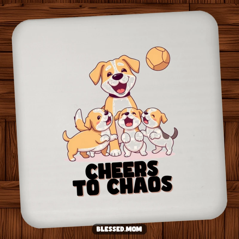 Funny Coasters: Dog mom and energetic puppies playing fetch, protecting your surfaces with style.