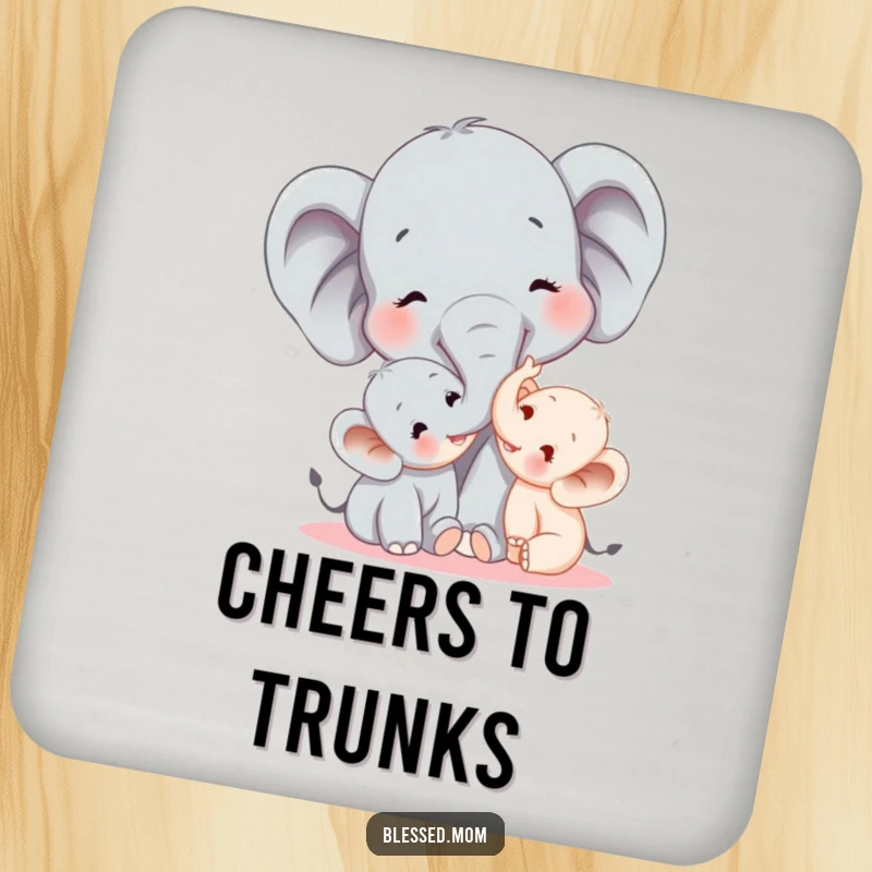 Funny elephant mom tickling her baby with her trunk, featured on drink coasters, adding a humorous and protective touch to tabletops.