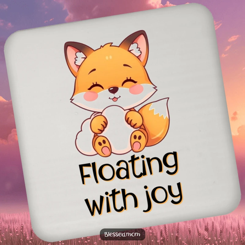 Funny fox coasters showing a happy fox gently touching a soft cloud, adding a touch of dreamy magic to any table.