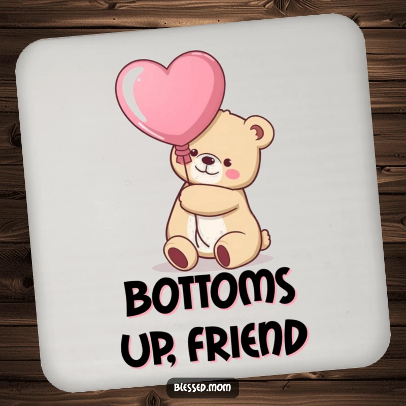 Funny kawaii bear mom hugging a heart balloon on a set of drink coasters, cute home decor, a gift.