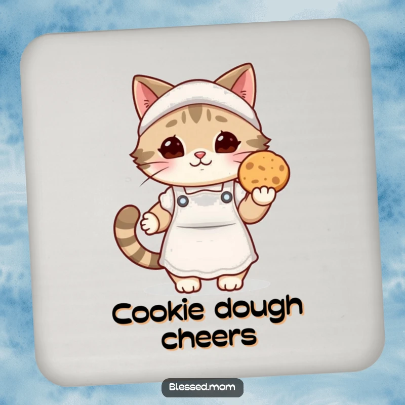 Funny kawaii cat mom coasters, a cute cat mom in a cozy apron offering a warm cookie, protecting surfaces with charm.