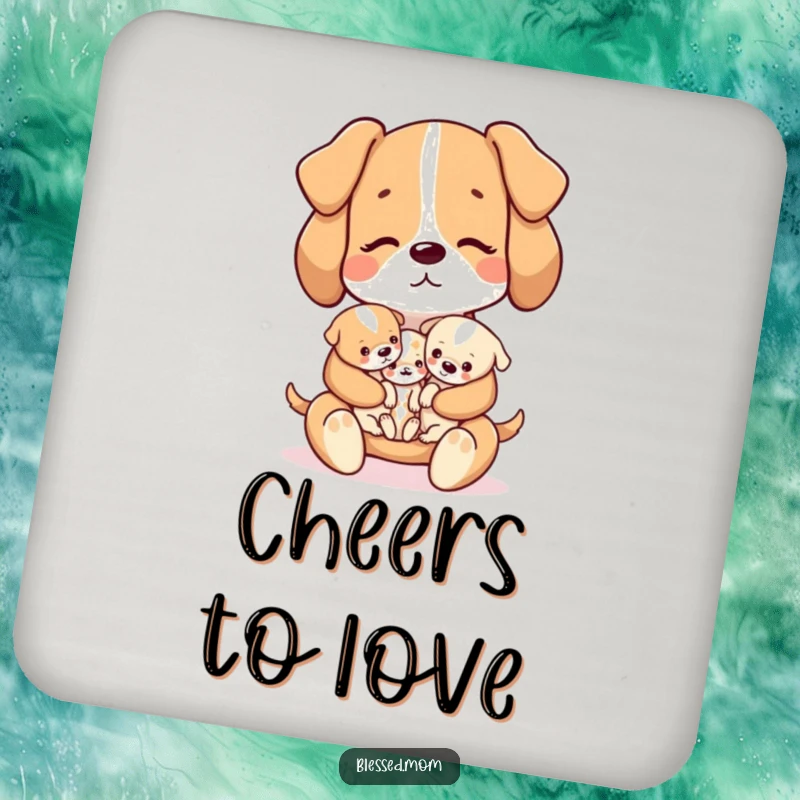 Funny kawaii dog mom holding puppies on a set of drink coasters, cute home decor, a gift.