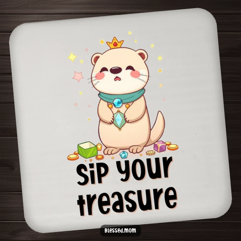 Funny Kawaii Otter Mom Coaster: Cute otter mom balancing shiny treasures, adding playful charm and humor to tabletops.