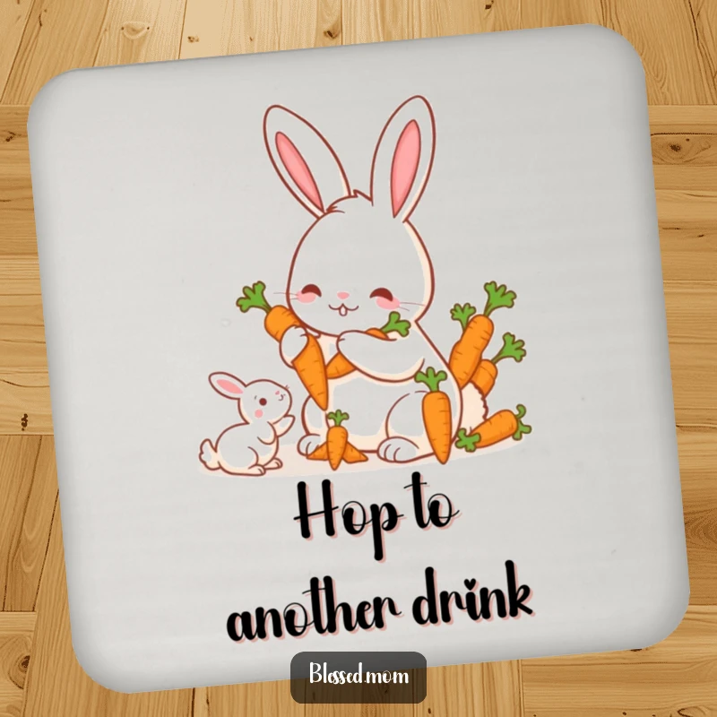 Funny Mama Rabbit Carrots Coaster, a cute mother rabbit offering a bunch of carrots to her offspring, protects furniture, ideal funny gift.
