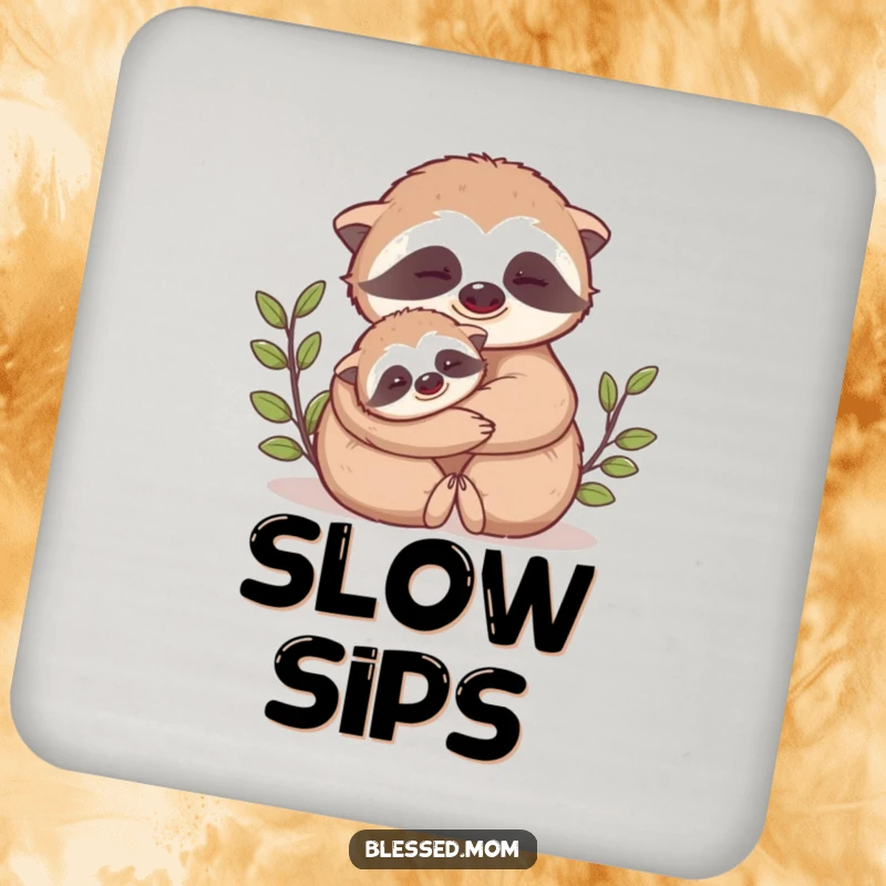 Funny Mama Sloth coaster shows a cute mama sloth slowly hugging her baby close, safeguarding surfaces with humor.