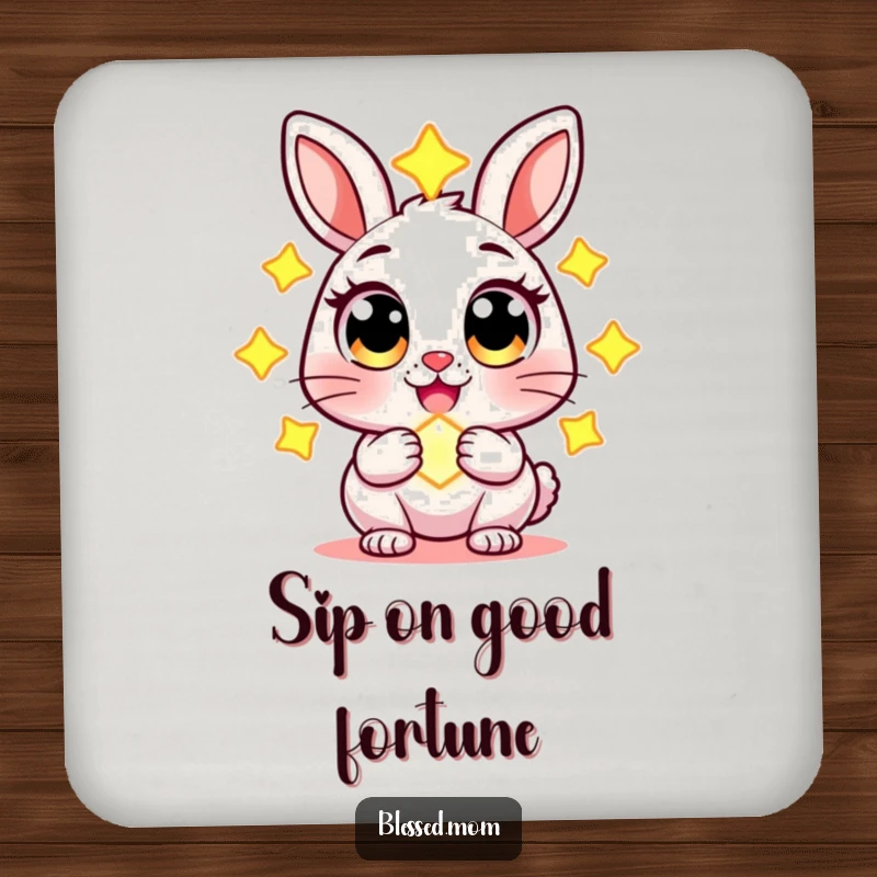 Funny coaster with a cheerful rabbit character with wide eyes, holding a glowing charm, protecting surfaces with whimsical magic.