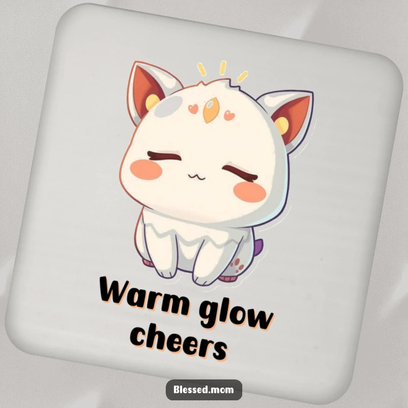 Funny Coasters featuring a creature's eyes closed, radiating a warm, gentle glow, protecting surfaces with serene charm.