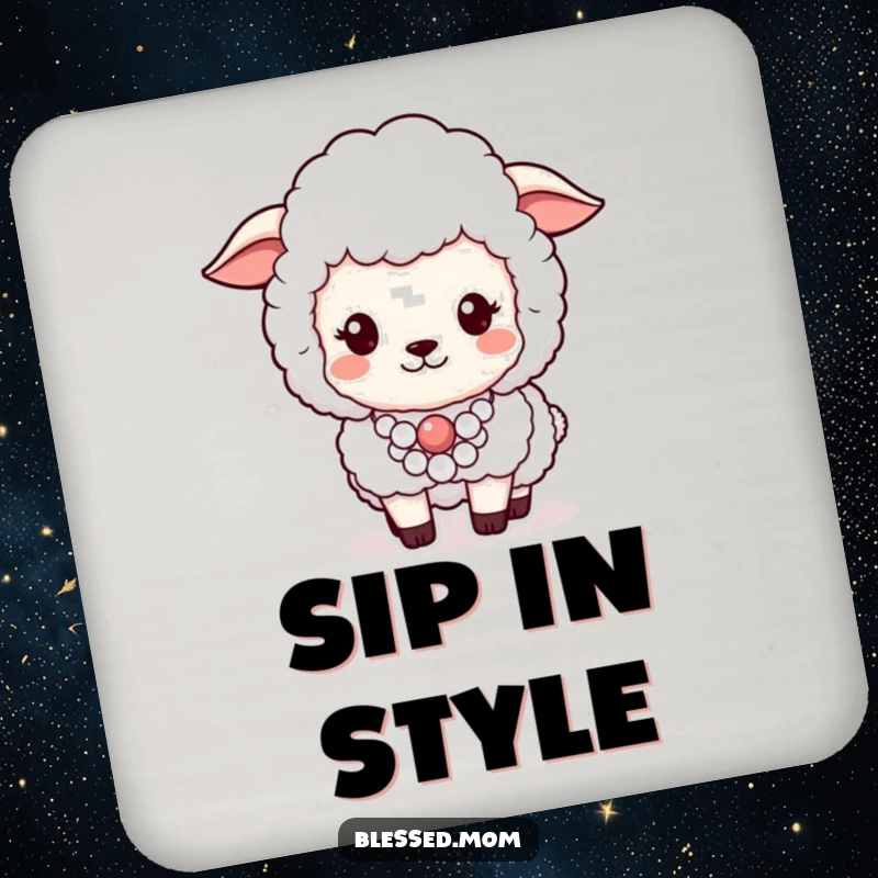 Funny drink coaster featuring a fluffy sheep proudly wearing a pearl necklace, adding a touch of chic protection.
