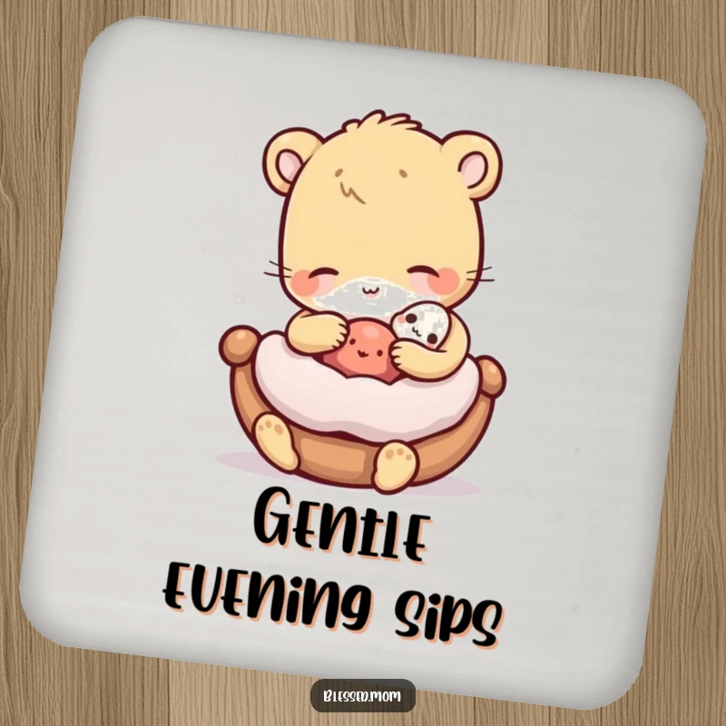 Funny Coasters featuring a gentle animal rocking a miniature cradled object, protecting surfaces with tender charm.