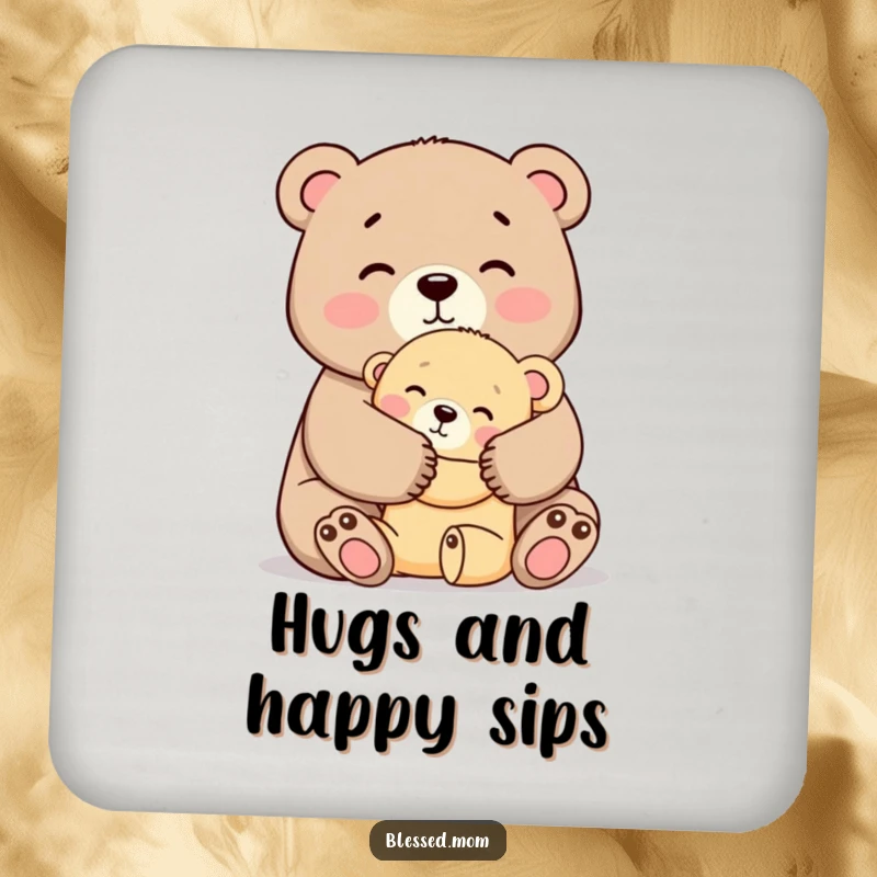 Funny Mama Bear Hug Coaster, a cute mother bear tightly hugging her cub with affection, protects furniture, ideal funny gift.