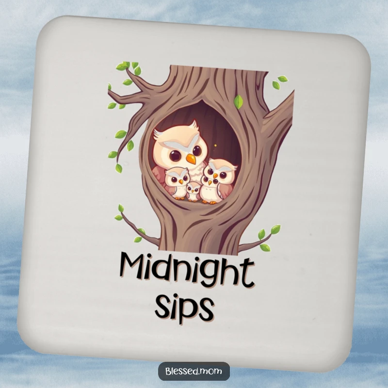 Funny Coasters: Mother owl hooting to her owlets in a cozy tree hollow, for surface protection.