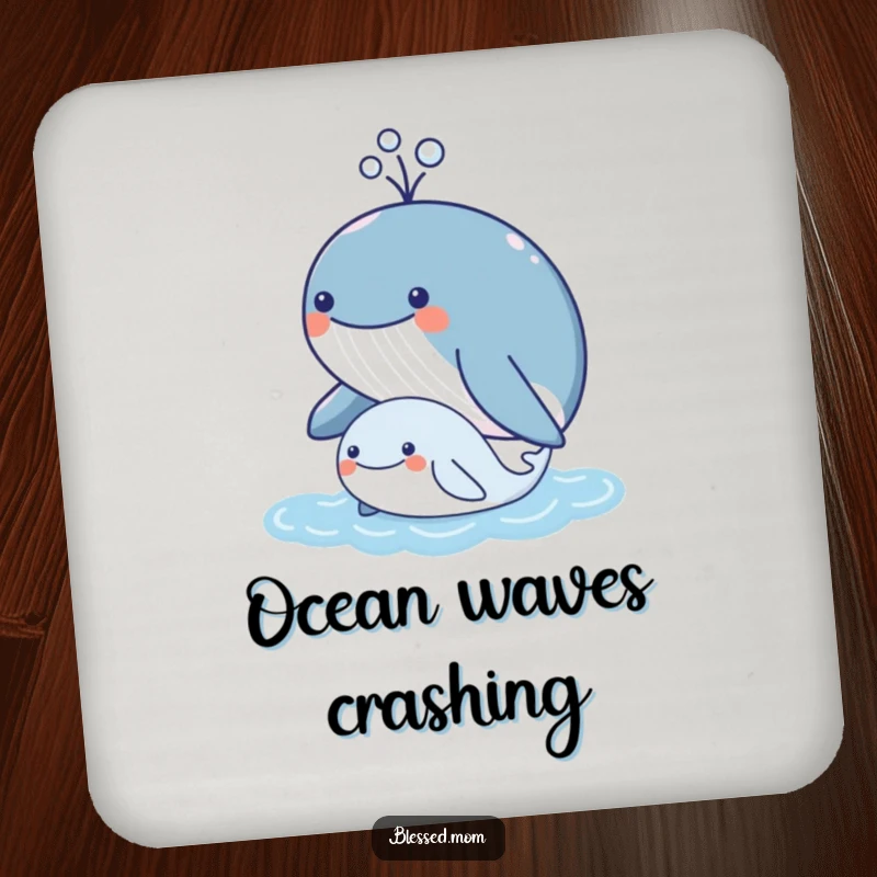 Funny kawaii mother whale spouting water over her calf, cute ocean coasters protecting surfaces, perfect funny gift.