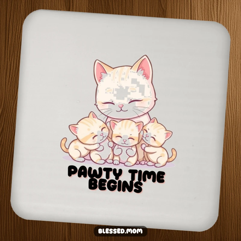 Funny kawaii mother cat grooming her playful kittens, displayed on a charming coaster to protect surfaces from drinks.