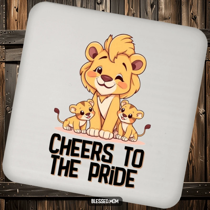 Proud lioness mom coasters with cubs at play, adding majestic strength and protecting surfaces.