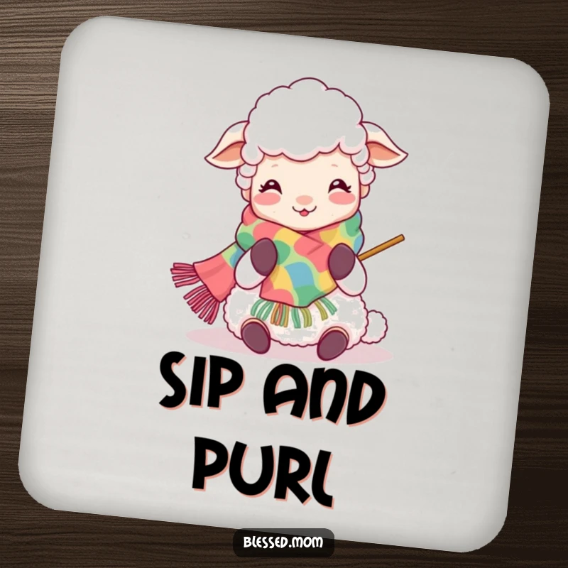 Funny Kawaii Sheep Mom Coaster: Adorable sheep mom knitting, protecting surfaces with a smile, a charming addition to any table.