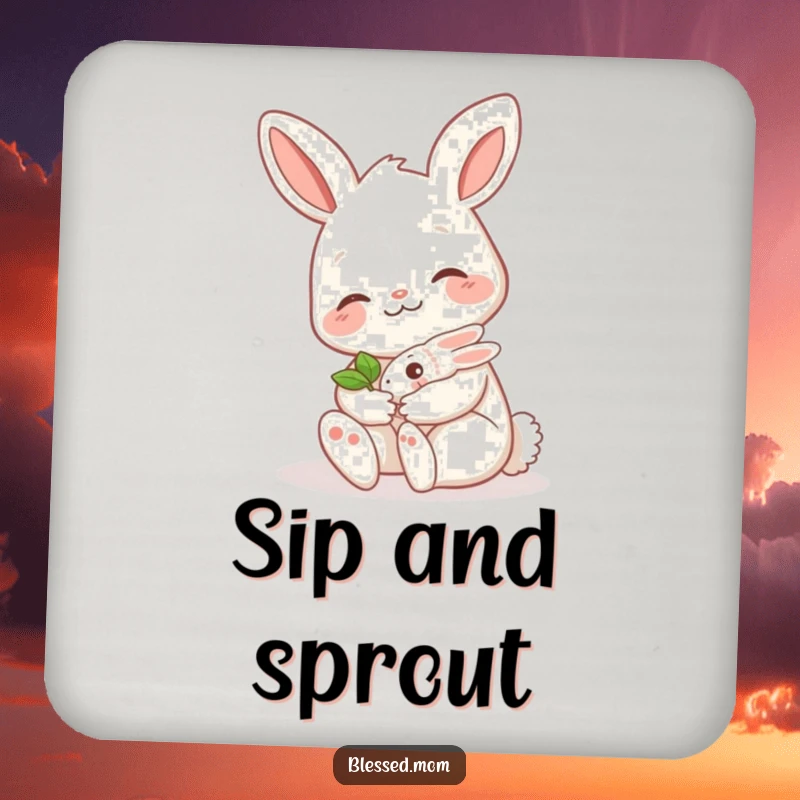 Funny bunny mom coasters, a cute mama hare gently holding a tiny sprout, protecting surfaces with a touch of humor.